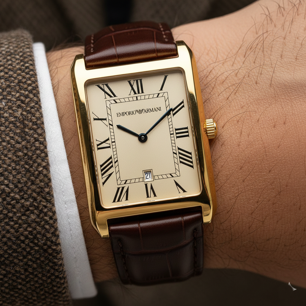 Emporio Armani Gino AR11665 Gold-Tone Rectangular Watch with Brown Leather