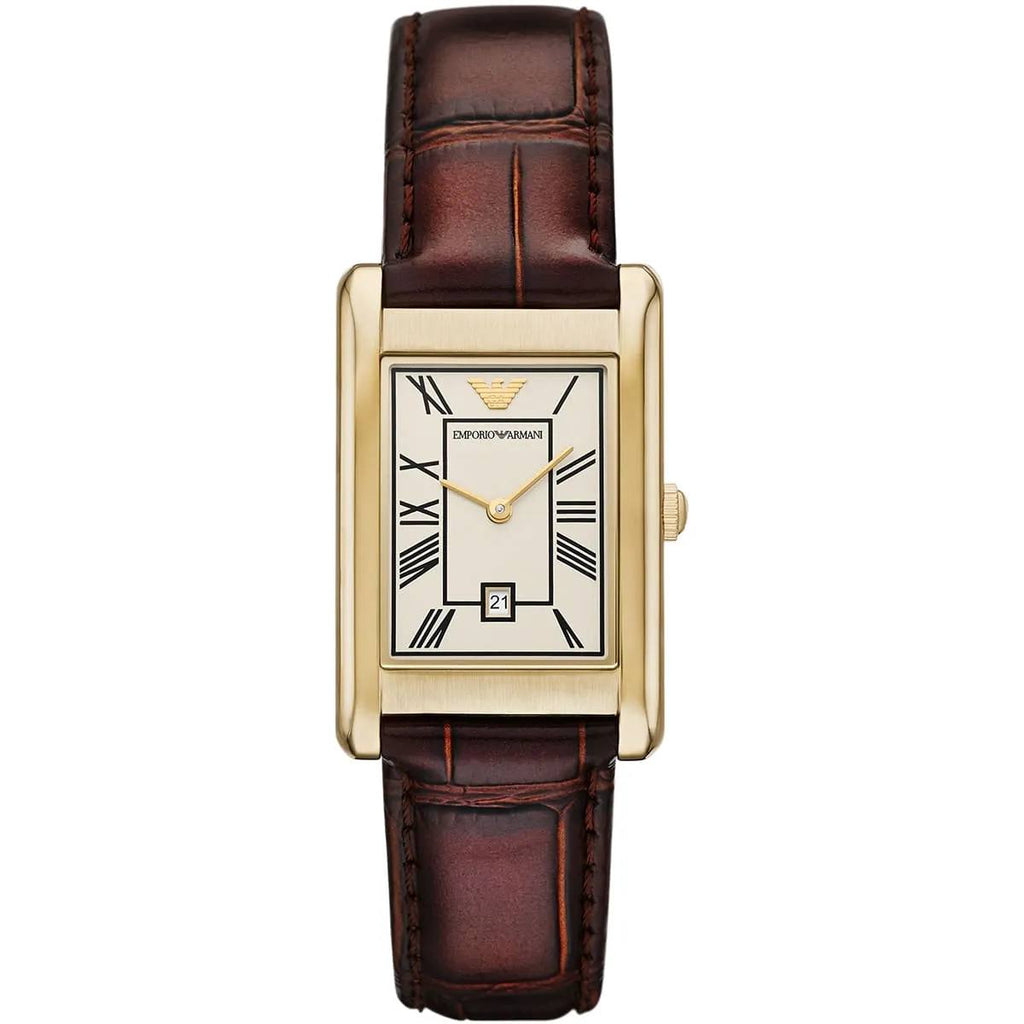 Emporio Armani Gino AR11665 Gold-Tone Rectangular Watch with Brown Leather