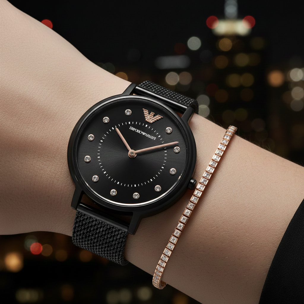 Emporio Armani Kappa AR11252 Black Mesh Strap Crystal Watch
