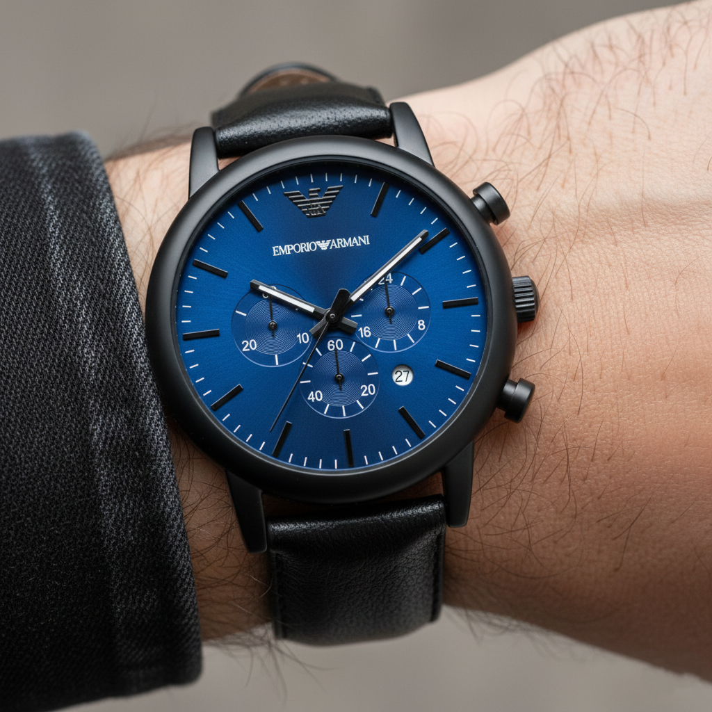 Emporio Armani Luigi AR11351 Blue Dial Black Leather Watch