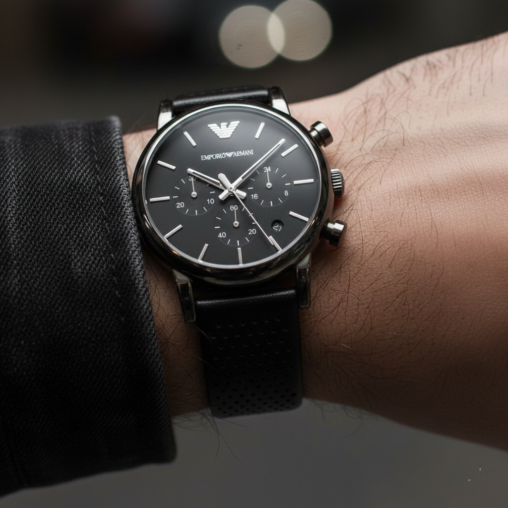 Emporio Armani Luigi AR1737 All Black Perforated Leather Watch