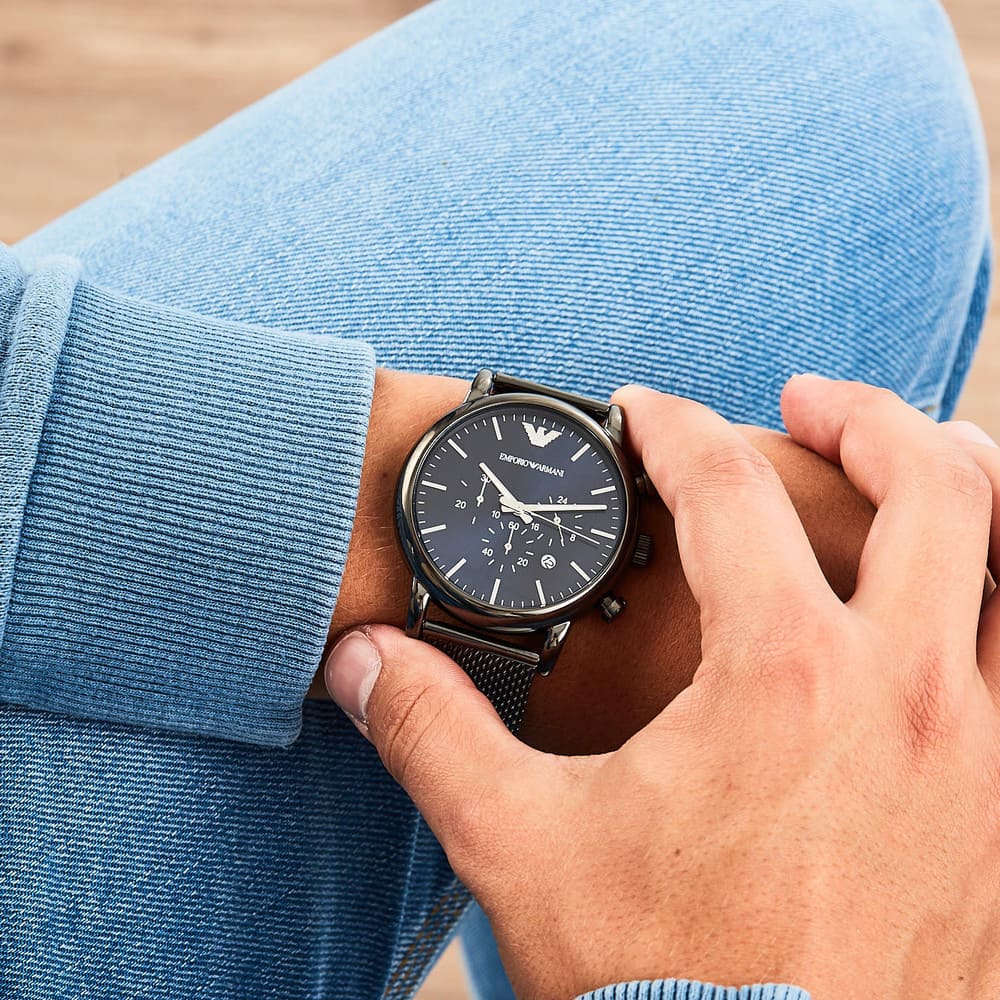Emporio Armani Luigi AR1979 Gunmetal Mesh Blue Dial Watch