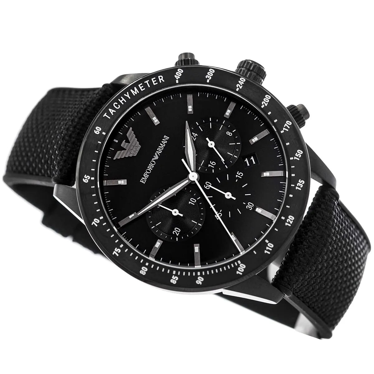 Emporio Armani Mario AR11453 All-Black Chronograph Fabric Watch