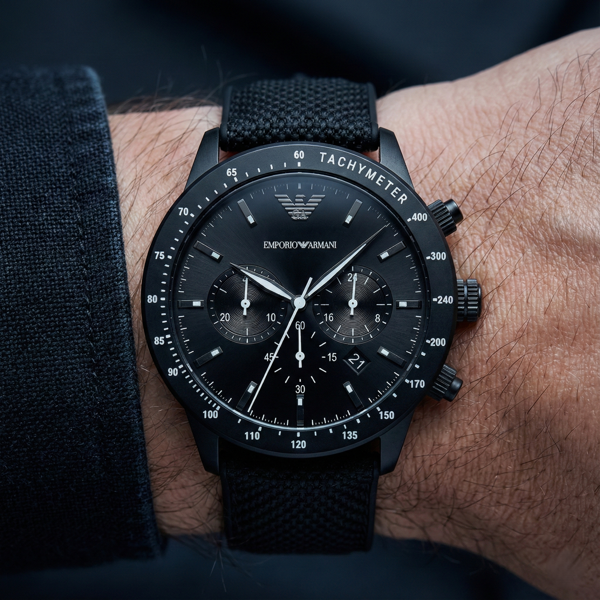 Emporio Armani Mario AR11453 All-Black Chronograph Fabric Watch