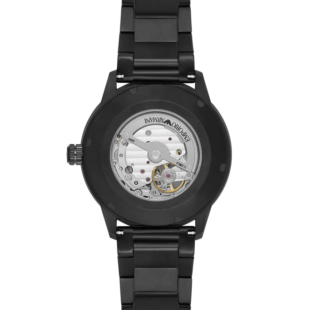 ساعة إمبوريو أرماني ماريو AR60054 ميكانيكية أوتوماتيكية بهيكل عظمي سوداء بالكامل