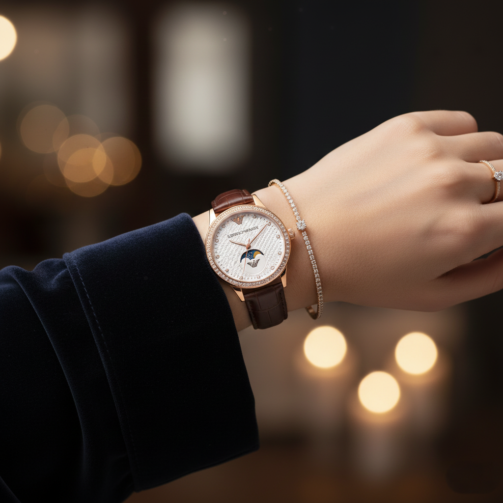 Emporio Armani Mia AR11568 Rose Gold Moonphase Watch with Crystal Bezel