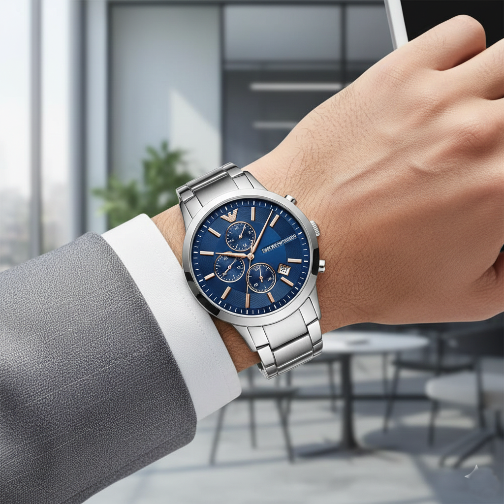 Emporio Armani Renato AR11458 Blue Dial Rose Gold Accents Watch