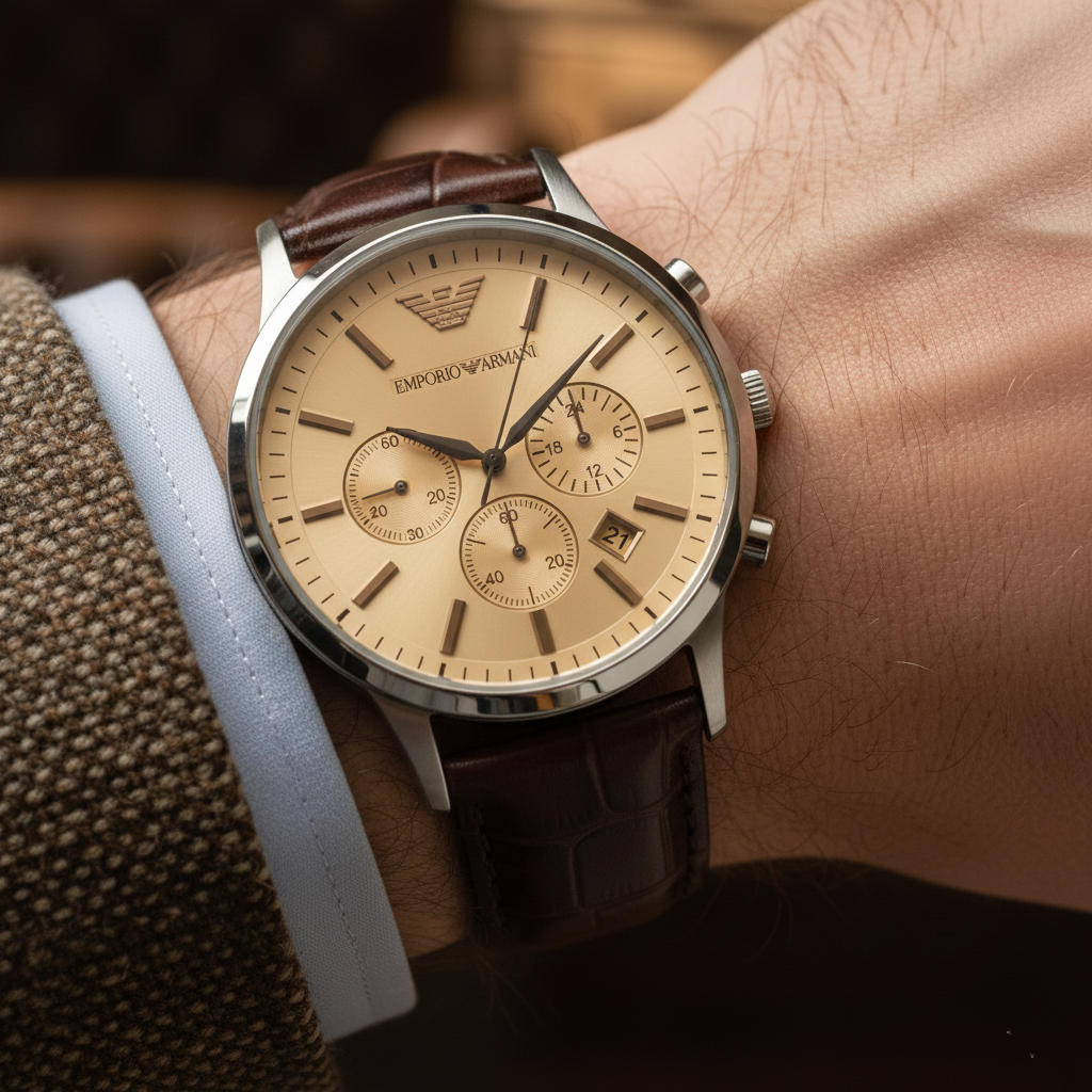Emporio Armani Renato AR2433 Cream Dial Brown Leather Watch