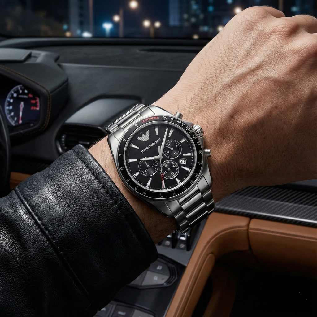 Emporio Armani Sigma AR6098 Silver Steel Black Dial Watch