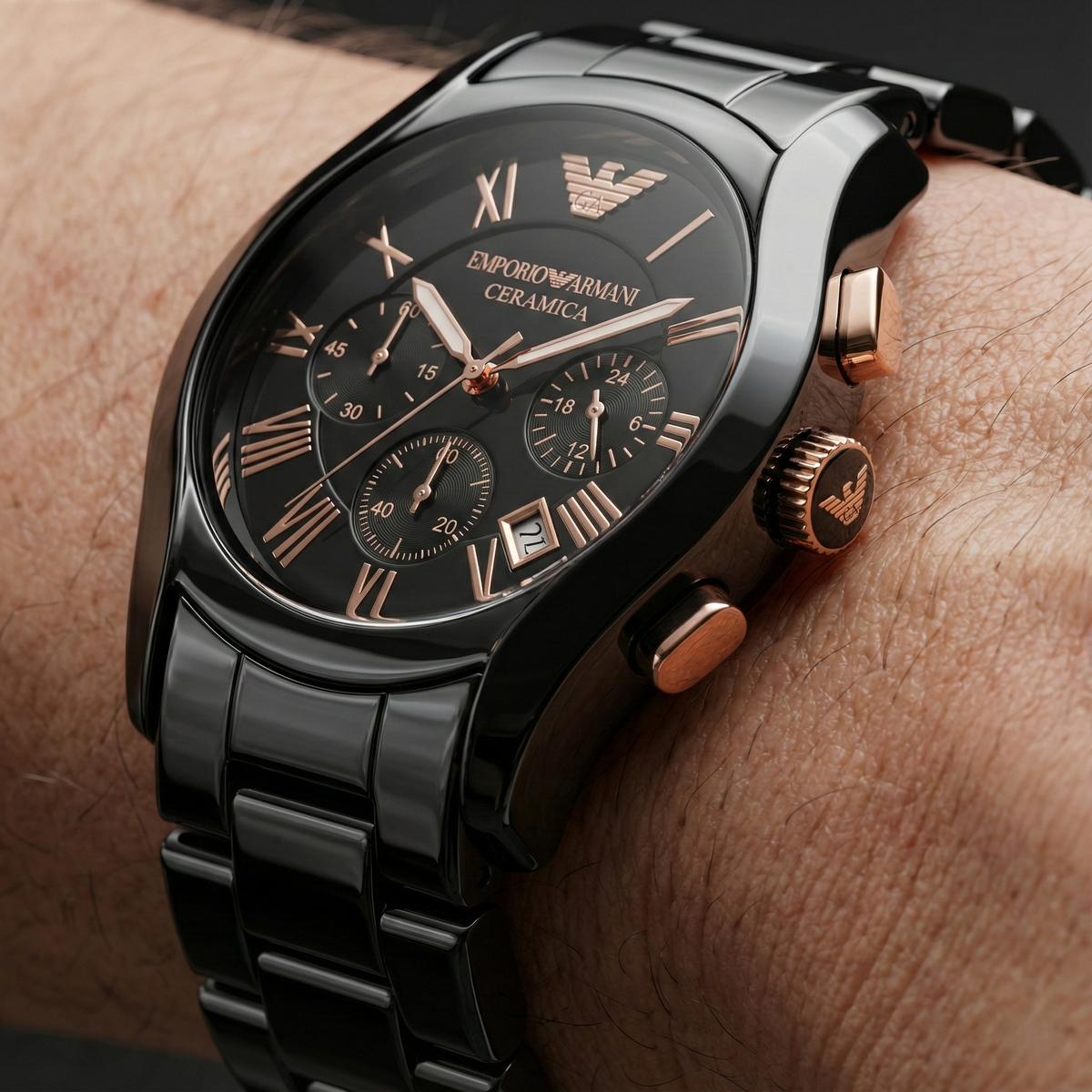 Emporio Armani Valente AR1410 Black Ceramic & Rose Gold Watch