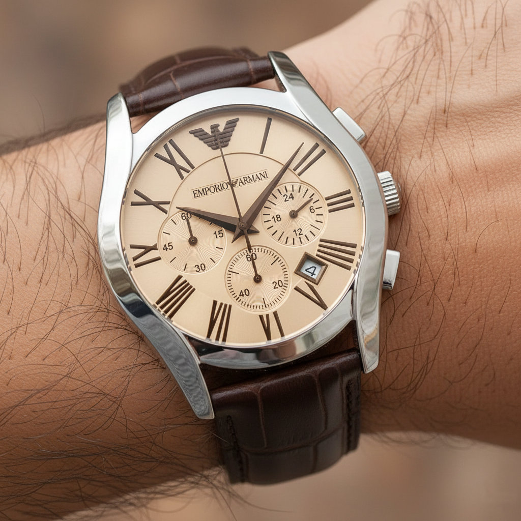 Emporio Armani Valente AR1634 Champagne Dial Brown Leather Watch