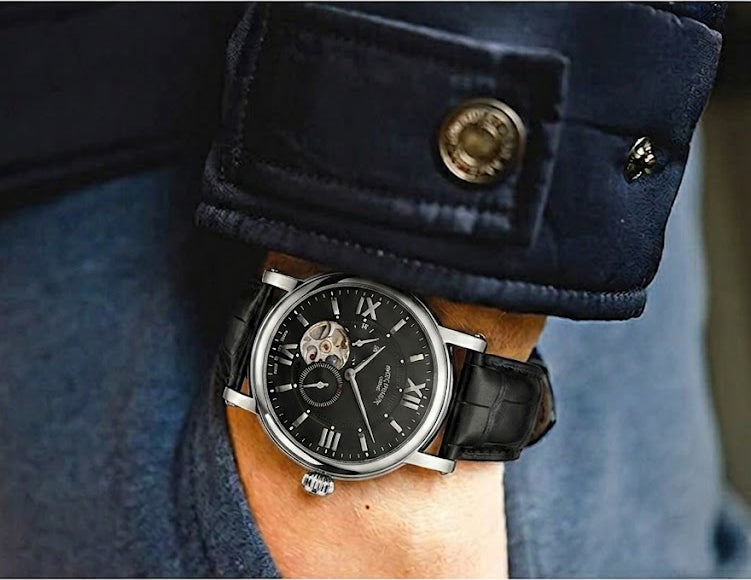 Luxury Skeleton Dial Automatic Watch – Nautilus-Inspired Design, Black Dial, Stainless Steel Case & Black Leather Strap