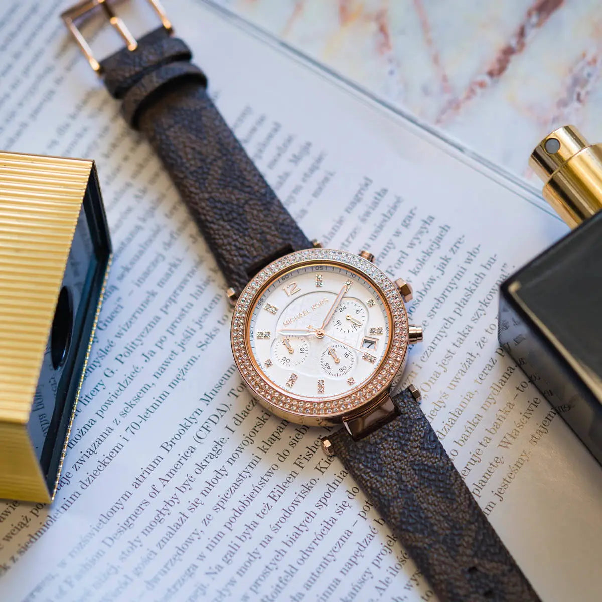 Michael Kors Parker MK6917 Rose Gold Watch with Brown MK Logo Strap