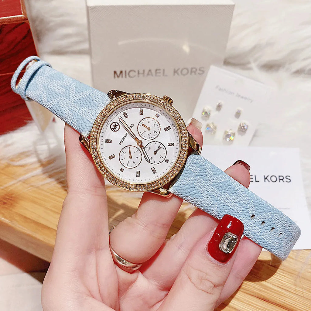 Michael Kors Tibby MK2965 Gold Watch with Light Blue MK Logo Strap