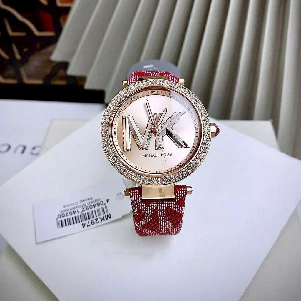 Michael Kors Parker MK2974 Rose Gold Watch with Burgundy Genuine Leather Strap
