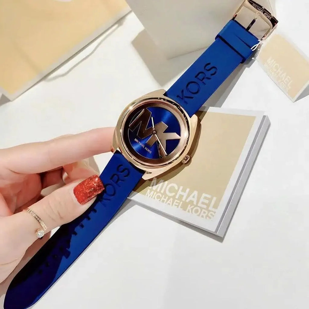 Michael Kors Janelle MK7140 Rose Gold Watch with Navy Blue Silicone Strap