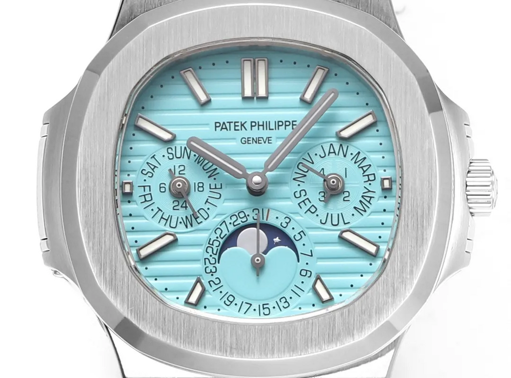Luxury Nautilus-Style Stainless Steel Watch – Aqua Blue Dial, Multi-Function Display
