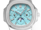 Luxury Nautilus-Style Stainless Steel Watch – Aqua Blue Dial, Multi-Function Display