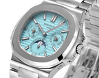 Luxury Nautilus-Style Stainless Steel Watch – Aqua Blue Dial, Multi-Function Display
