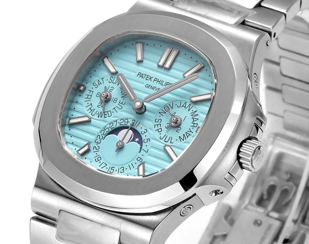 Luxury Nautilus-Style Stainless Steel Watch – Aqua Blue Dial, Multi-Function Display