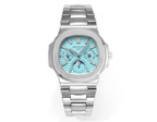 Luxury Nautilus-Style Stainless Steel Watch – Aqua Blue Dial, Multi-Function Display