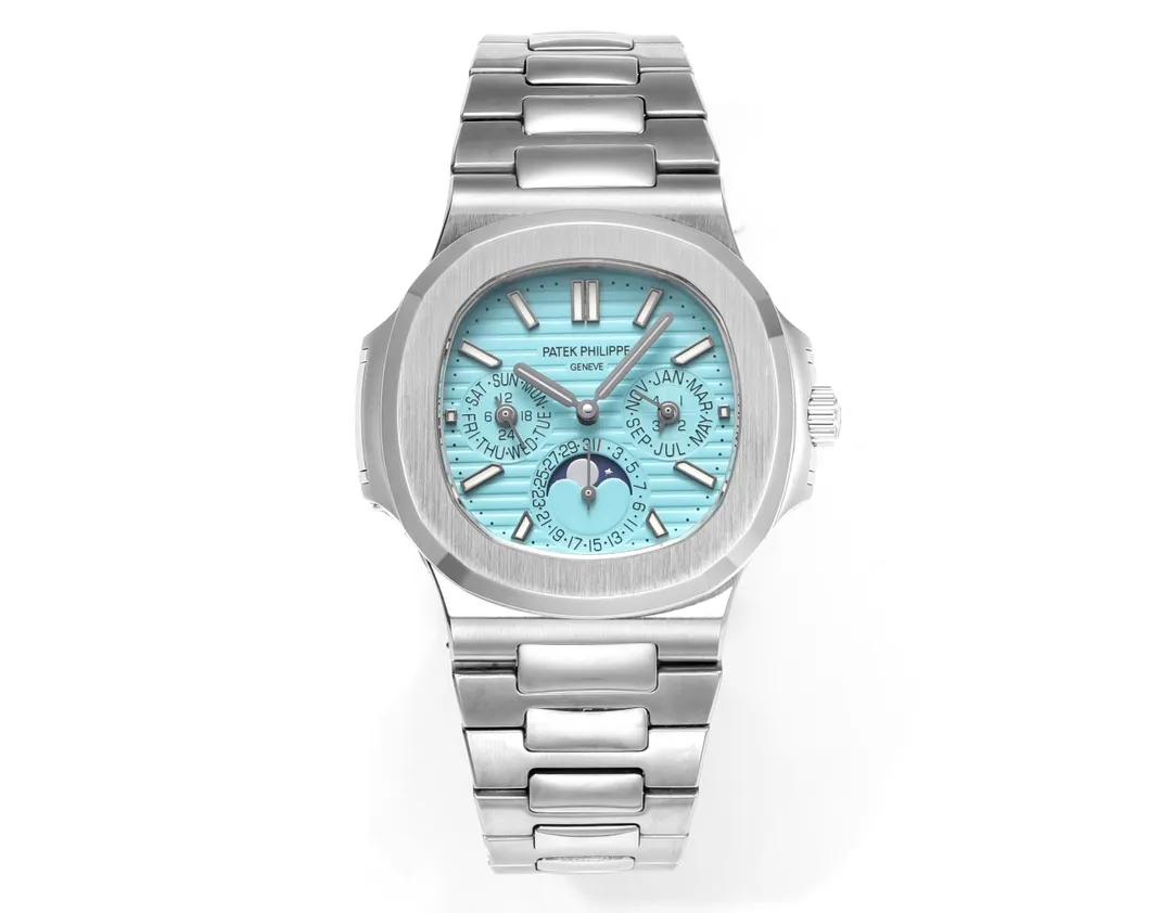 Luxury Nautilus-Style Stainless Steel Watch – Aqua Blue Dial, Multi-Function Display