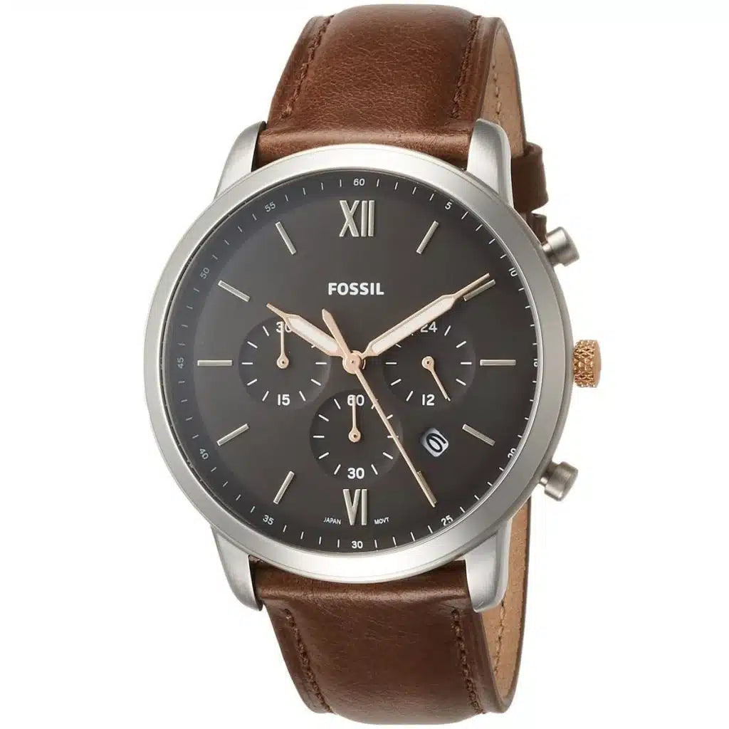 Fossil Neutra FS5408 Men’s Analog Watch – 44mm Grey Dial with Brown Leather Strap