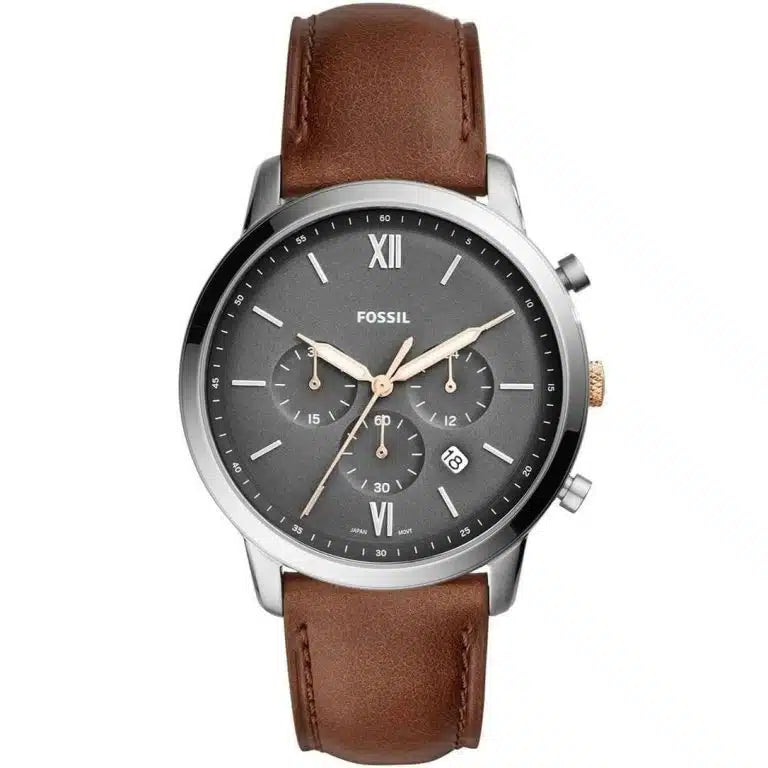Fossil Neutra FS5408 Men’s Analog Watch – 44mm Grey Dial with Brown Leather Strap