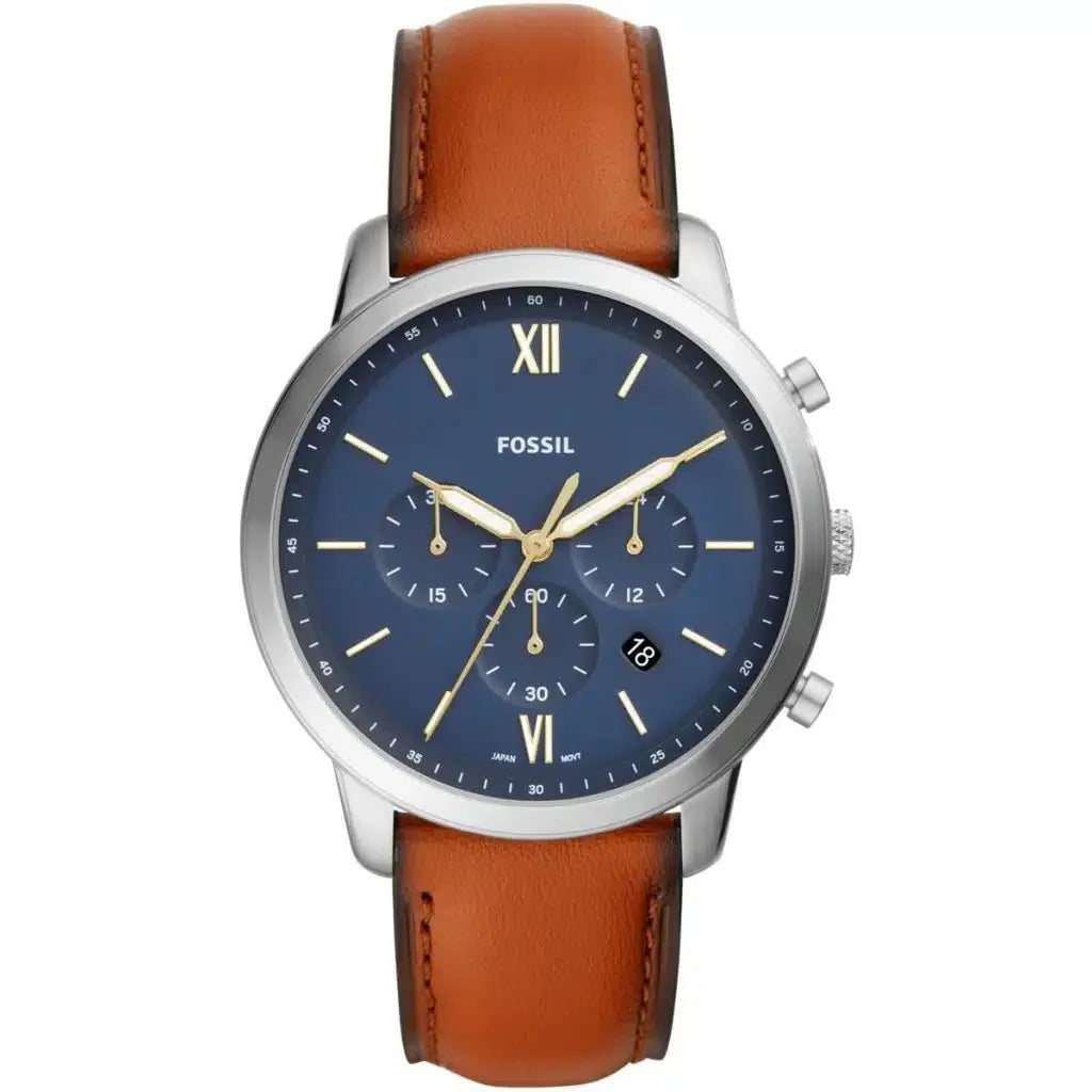 Fossil Neutra FS5453 Men’s Analog Watch – 44mm Blue Dial with Brown Leather Strap