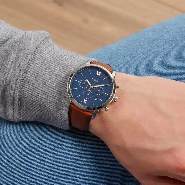 Fossil Neutra FS5453 Men’s Analog Watch – 44mm Blue Dial with Brown Leather Strap
