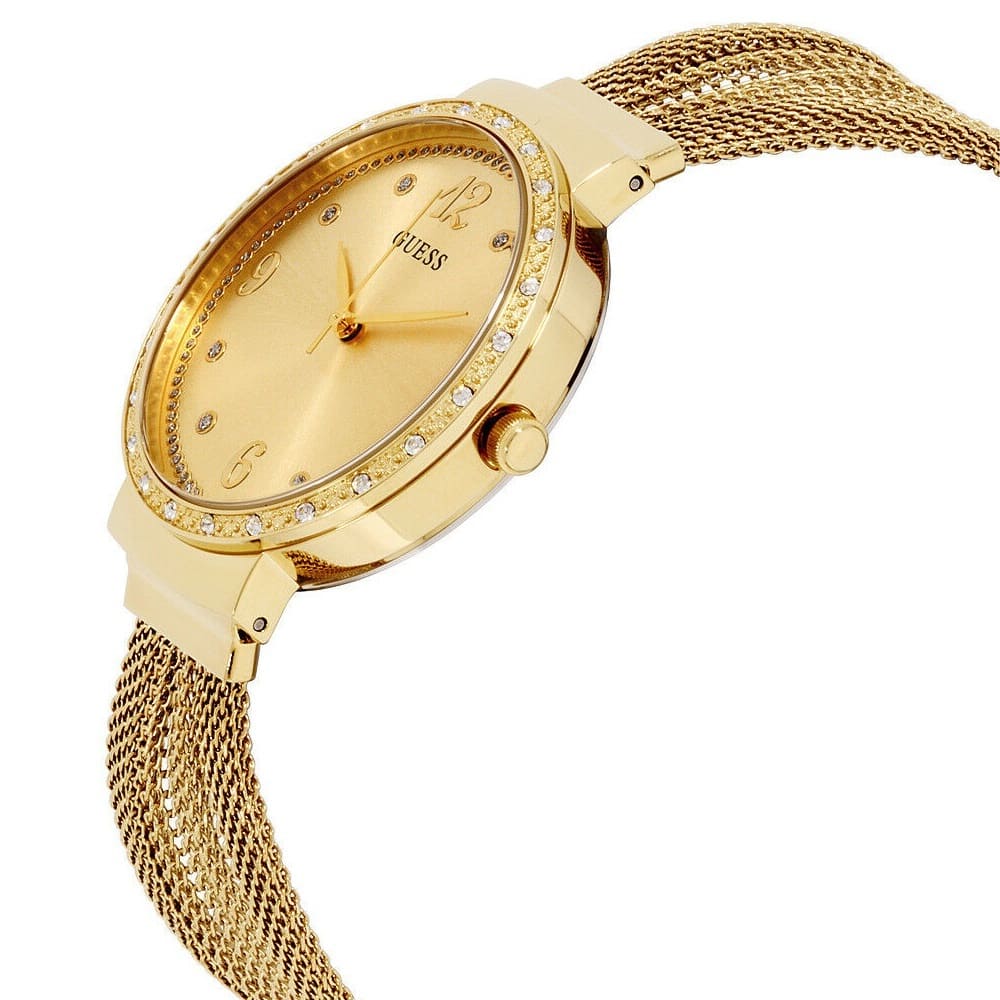 Guess Chiffon W1083L2 Gold Tone Mesh Bracelet Crystal Watch