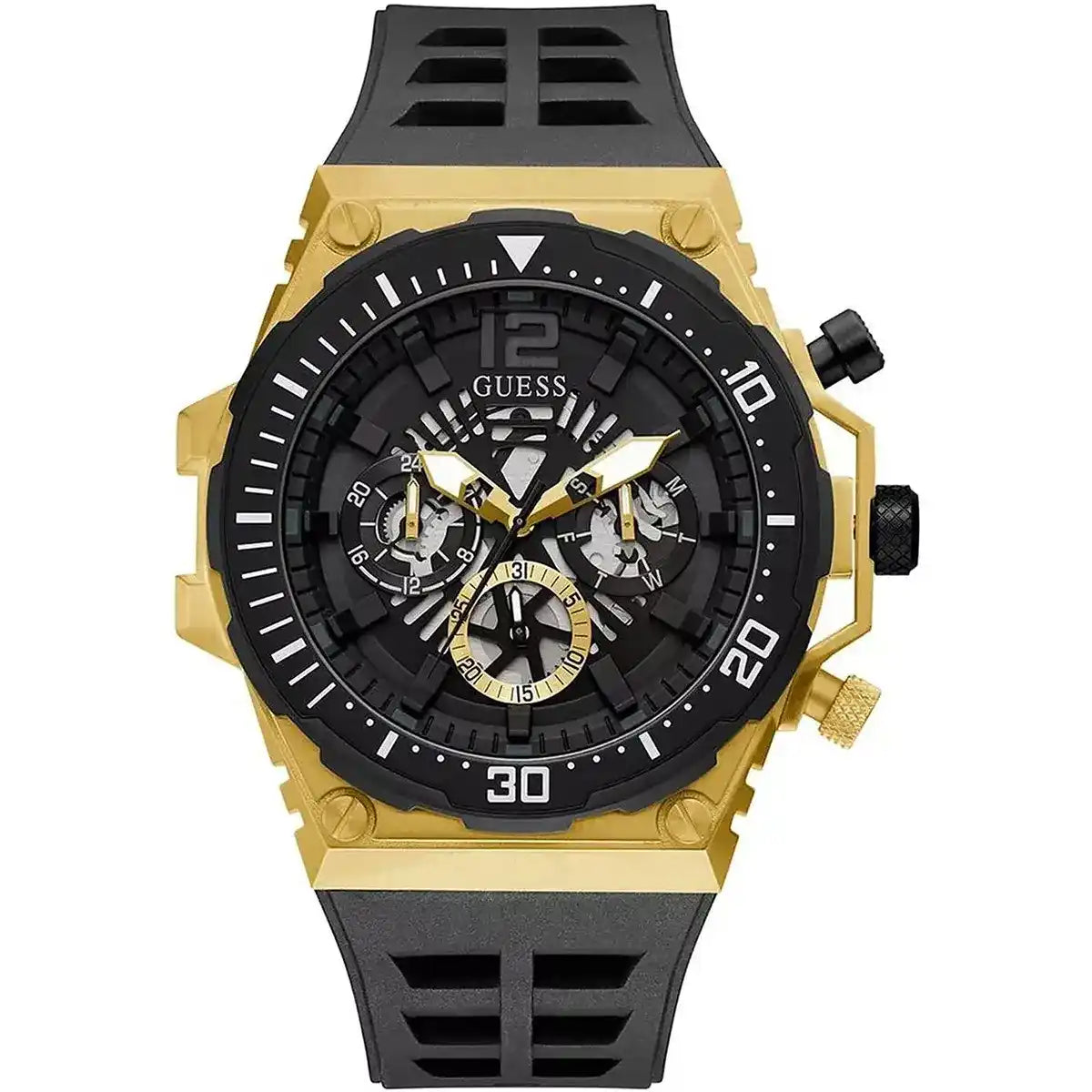 Guess Cut-Thru GW0325G1 Gold Tone Case Black Bezel Black Rubber Strap Watch
