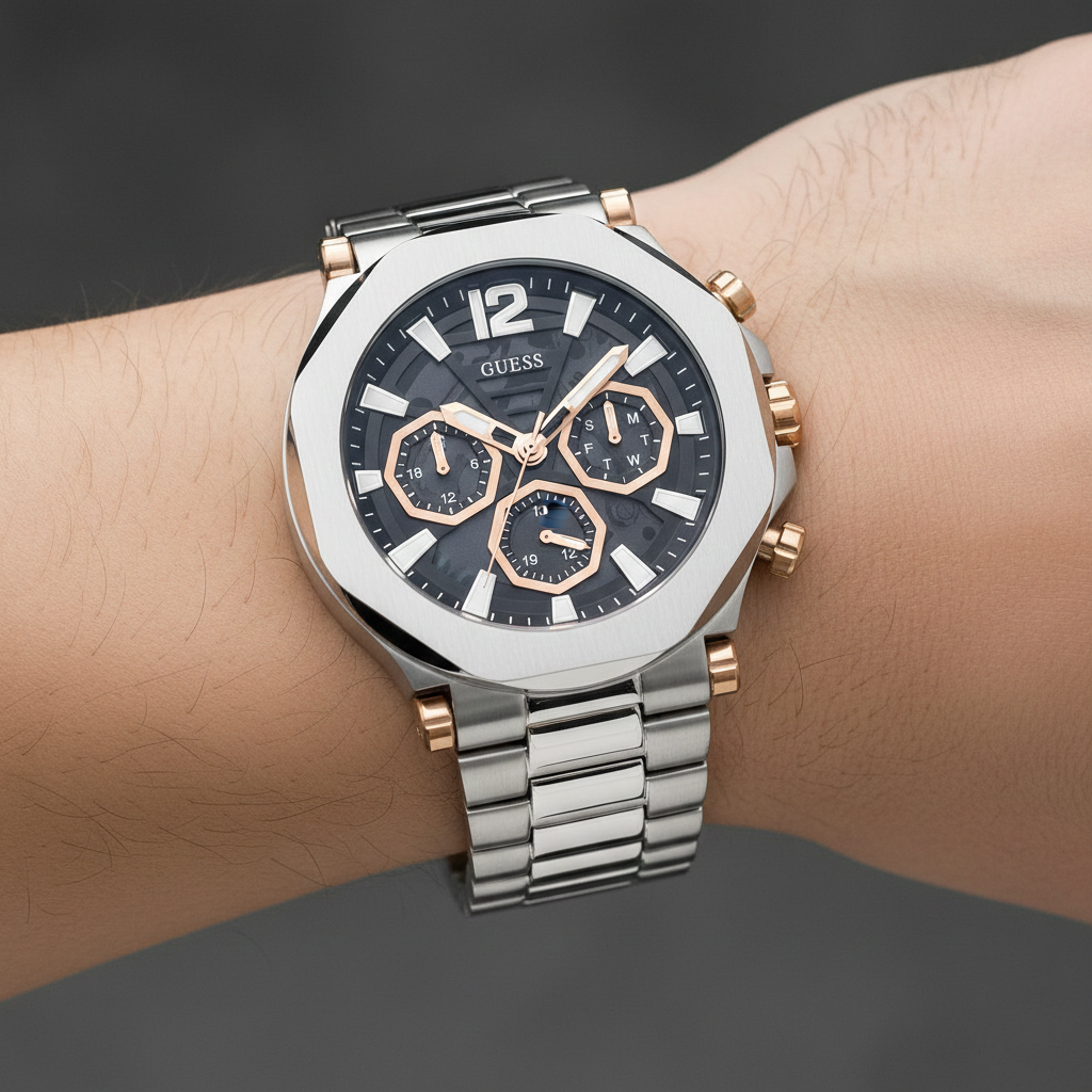 Guess Edge GW0539G1 Silver Stainless Steel Rose Gold Accents Watch