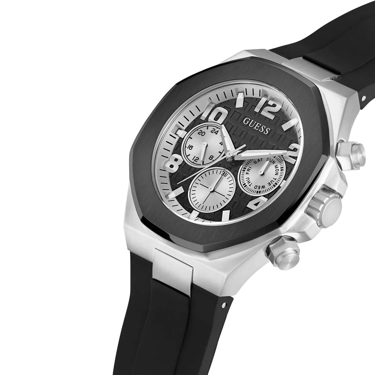 Guess Empire GW0583G1 Silver Tone Case Black Dial Rubber Watch