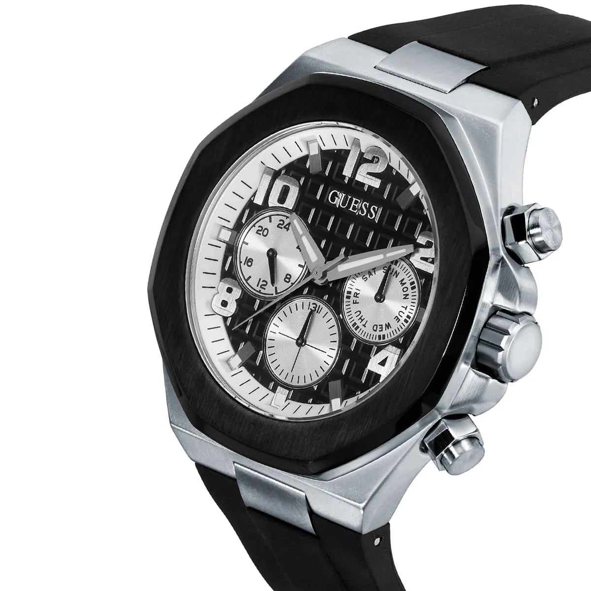 Guess Empire GW0583G1 Silver Tone Case Black Dial Rubber Watch