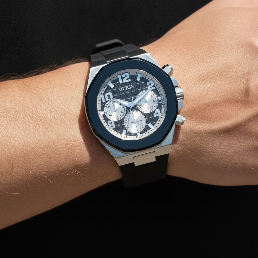 Guess Empire GW0583G1 Silver Tone Case Black Dial Rubber Watch