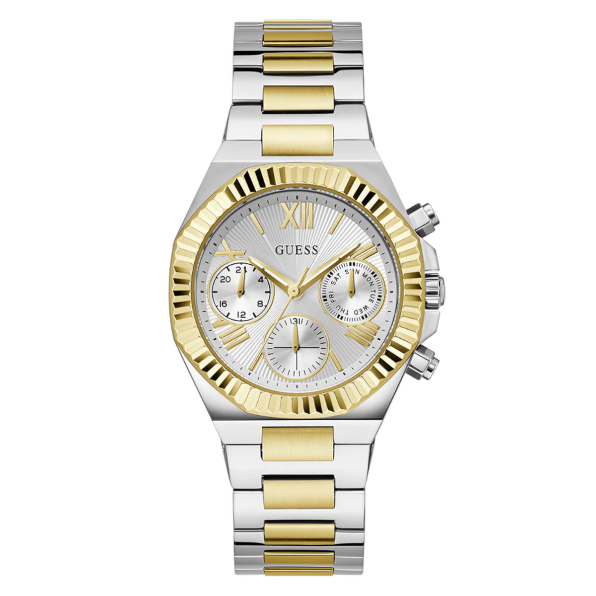 Guess Equality GW0769L3 Two-Tone Silver Gold Coin-Edge Ladies Watch