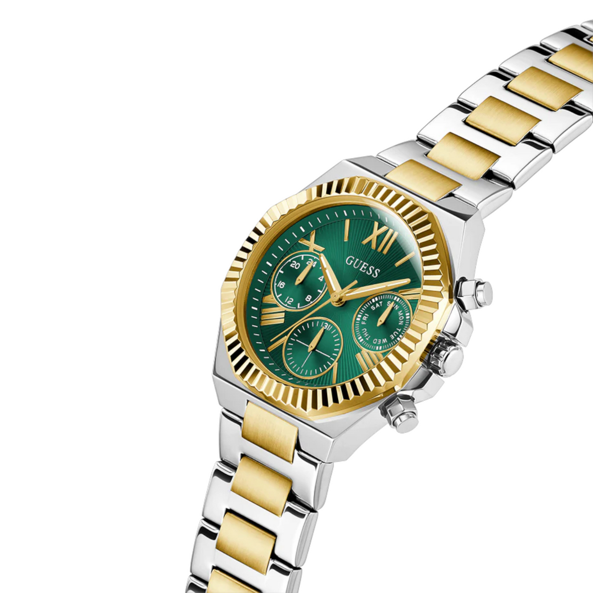 Guess Equality GW0769L4 2-Tone Silver Gold Green Dial Multi-function Watch
