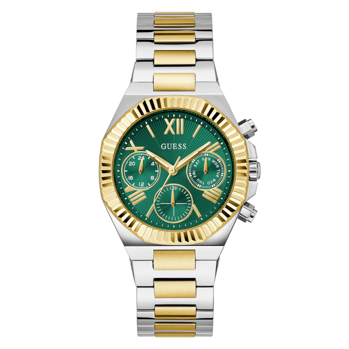 Guess Equality GW0769L4 2-Tone Silver Gold Green Dial Multi-function Watch