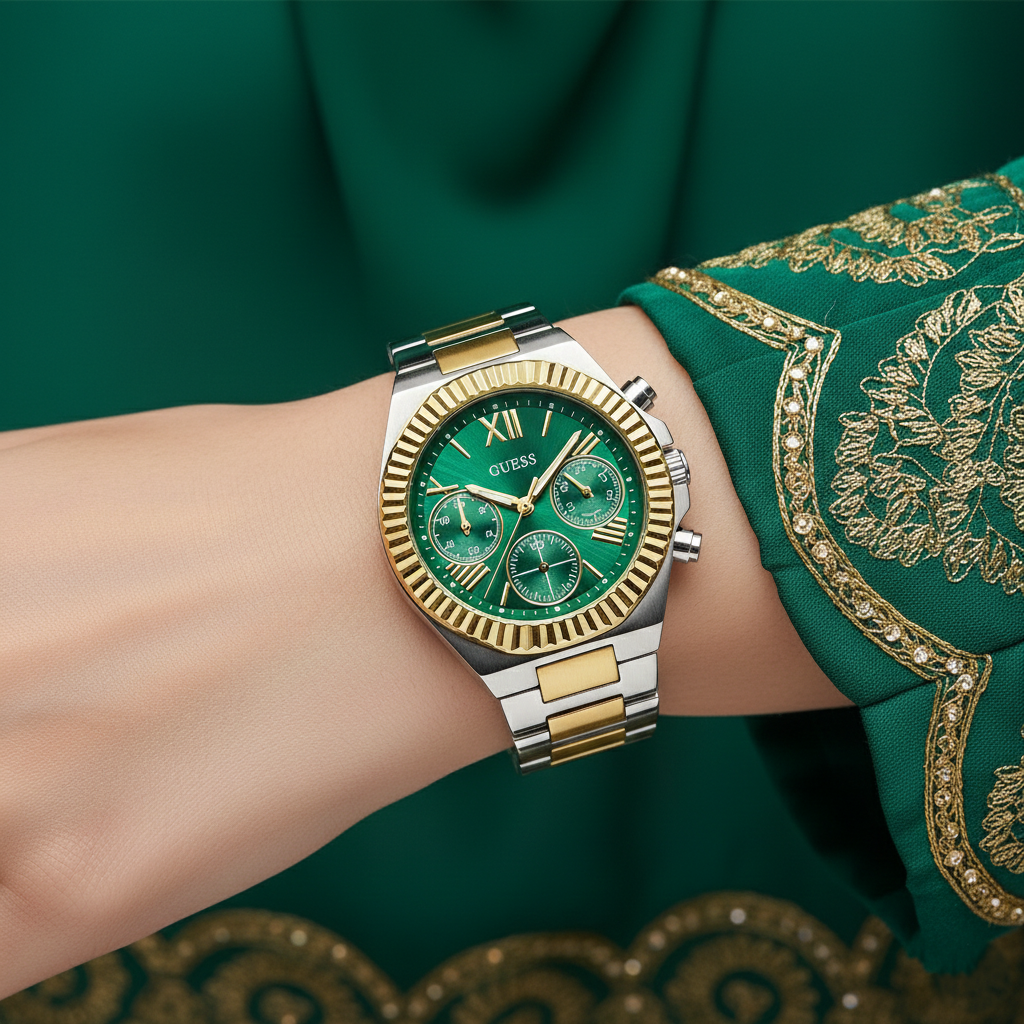 Guess Equality GW0769L4 2-Tone Silver Gold Green Dial Multi-function Watch