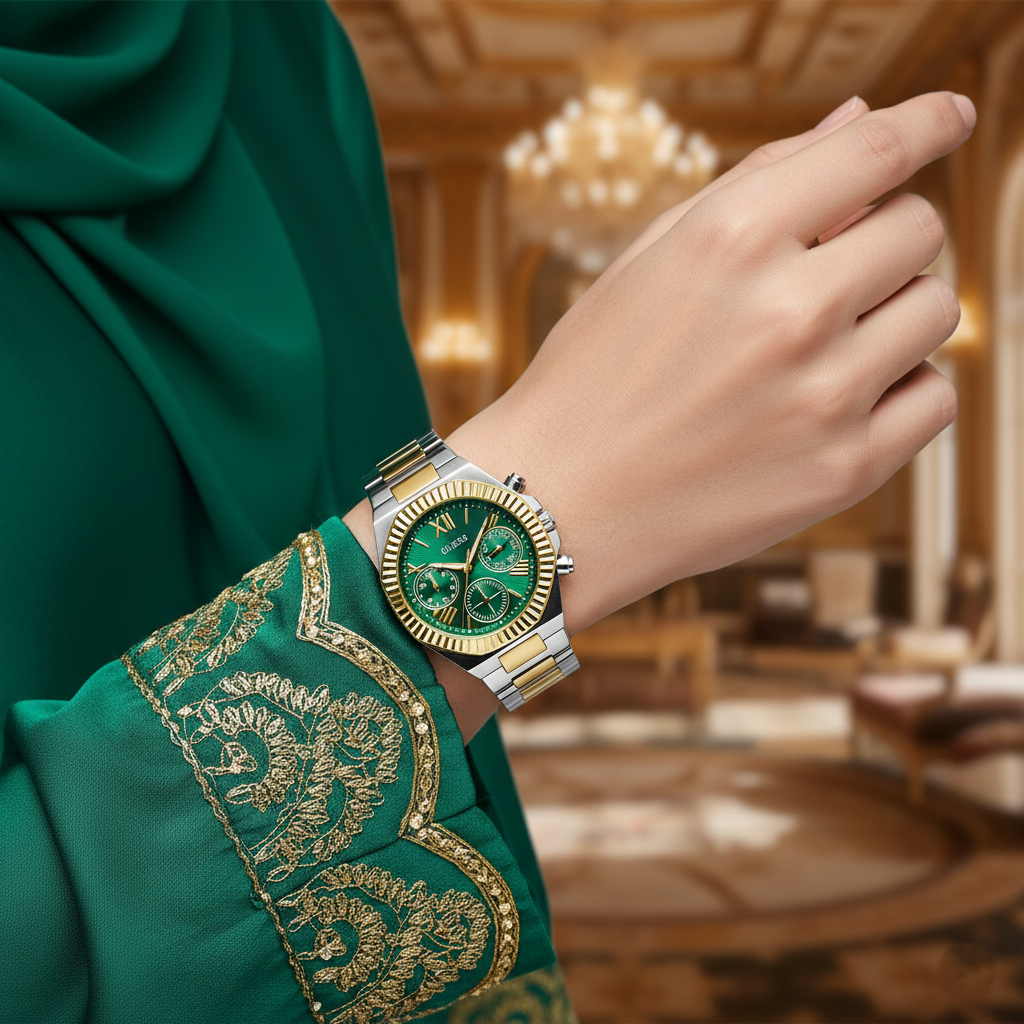 Guess Equality GW0769L4 2-Tone Silver Gold Green Dial Multi-function Watch