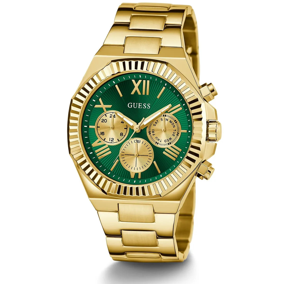 Guess Equity GW0703G2 Gold Tone Green Dial Fluted Bezel Watch