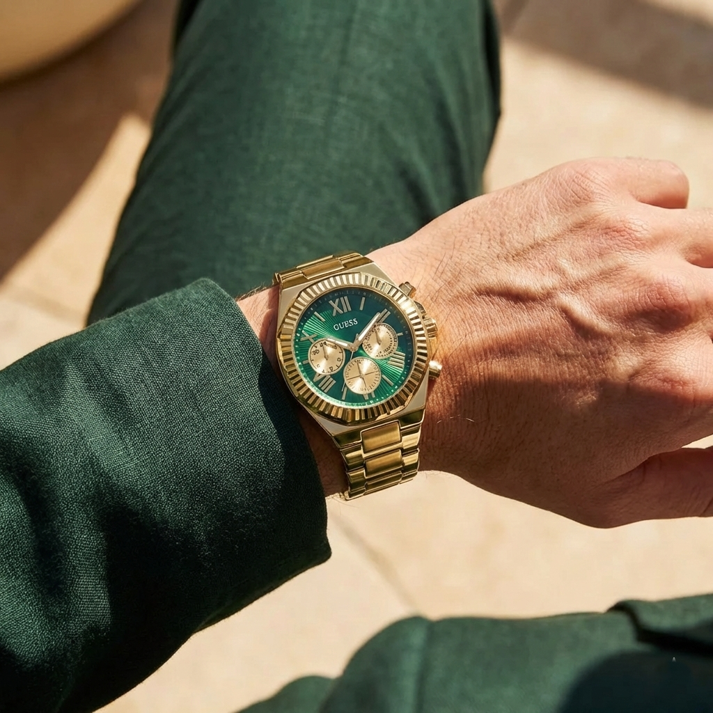 Guess Equity GW0703G2 Gold Tone Green Dial Fluted Bezel Watch
