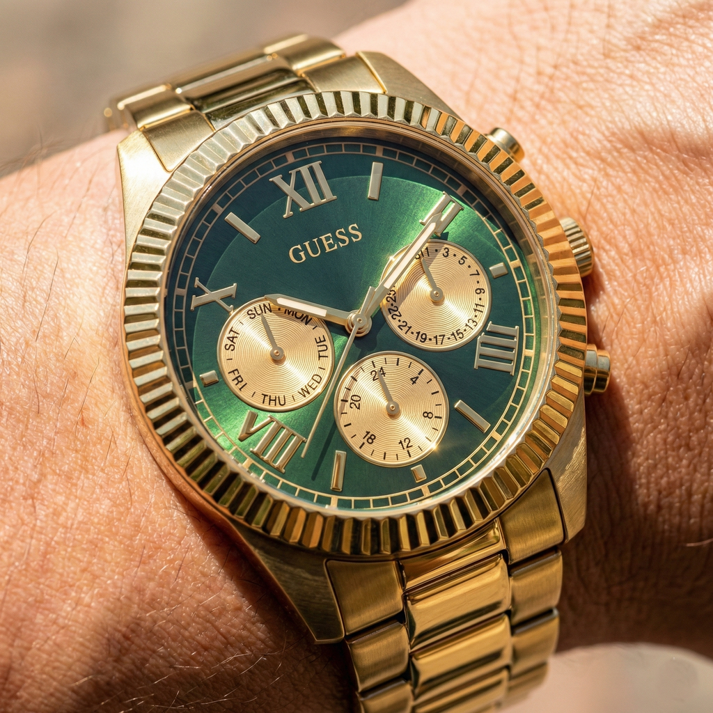 Guess Equity GW0703G2 Gold Tone Green Dial Fluted Bezel Watch