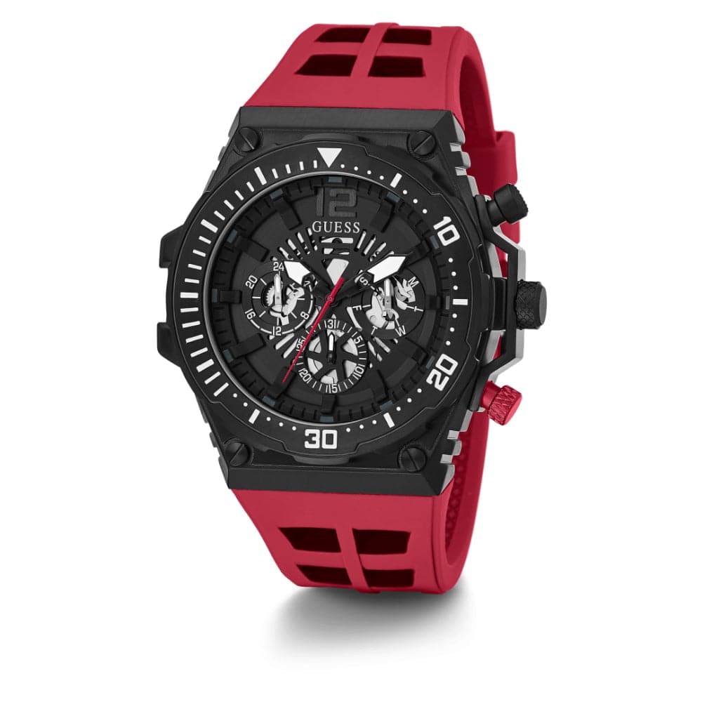Guess Exposure GW0325G3 Black Tone Skeleton Dial Red Rubber Watch