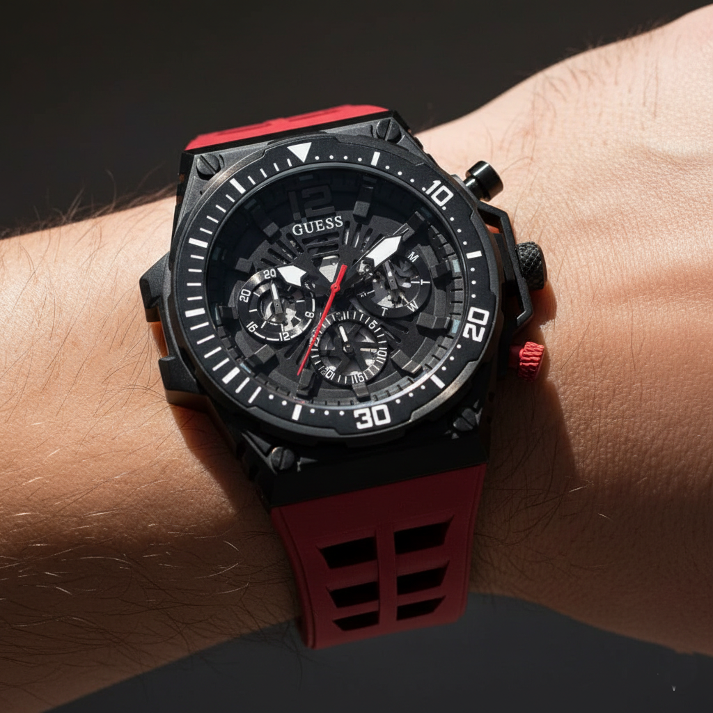 Guess Exposure GW0325G3 Black Tone Skeleton Dial Red Rubber Watch