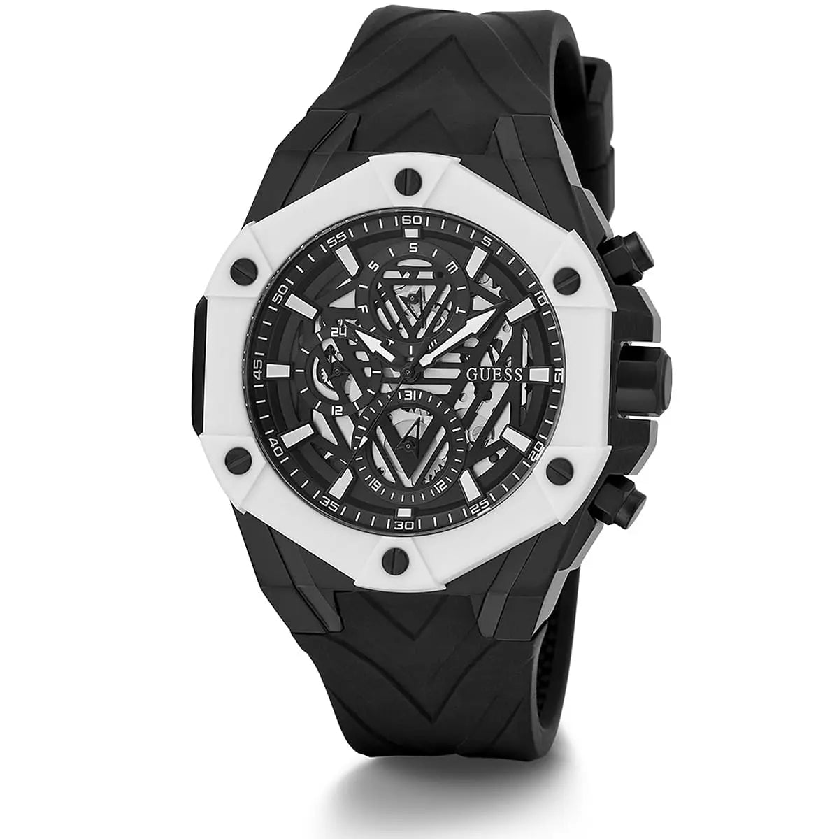ساعة Guess Formula GW0579G1 بهيكل أسود وقرص مفتوح وإطار أبيض وحزام مطاطي