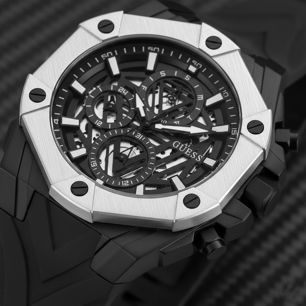 ساعة Guess Formula GW0579G1 بهيكل أسود وقرص مفتوح وإطار أبيض وحزام مطاطي