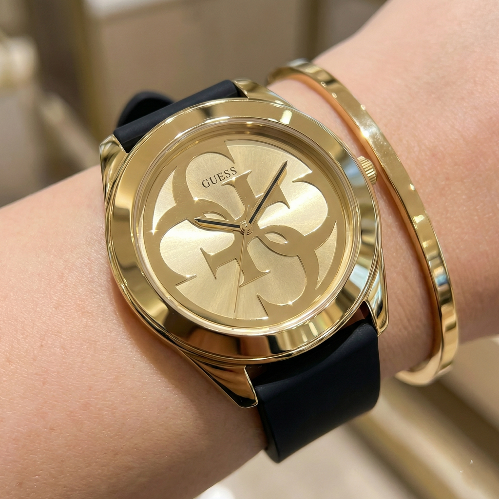 Guess G-Twist W0911L3 Gold Tone Stainless Steel Black Silicone Ladies Watch