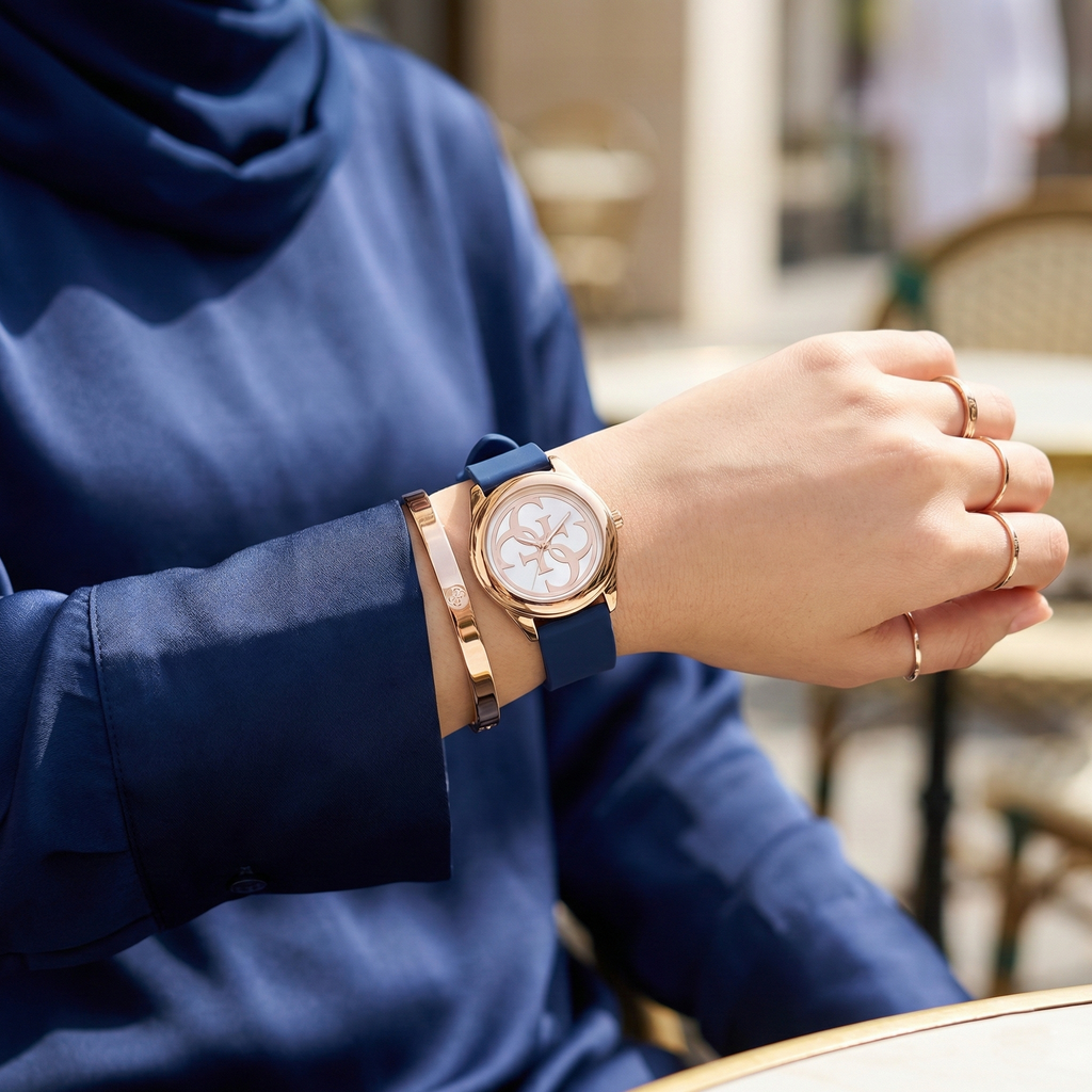 Guess G-Twist W0911L6 Rose Gold Stainless Steel Blue Silicone Ladies Watch